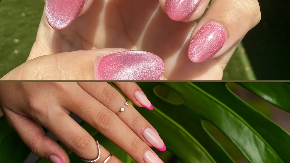 Manicured hands beside nail polish bottles