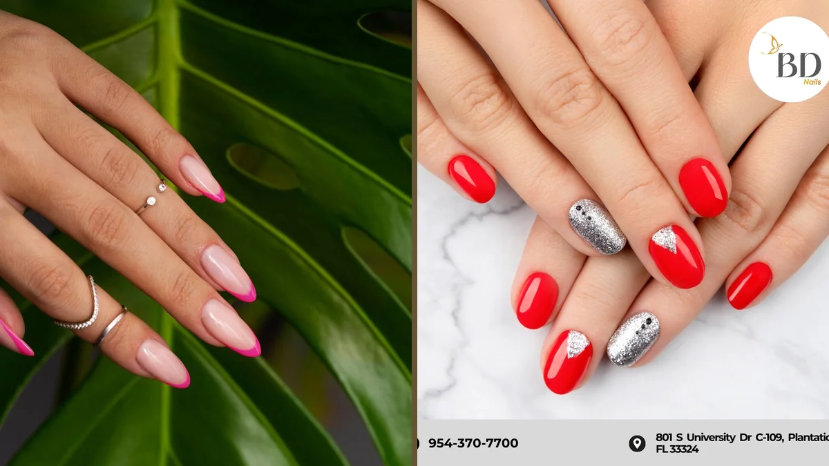 Manicured hands beside nail polish bottles